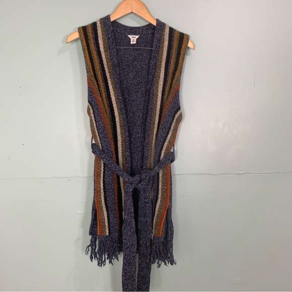 Woolrich shetland Wool Stripped Waist Cardigan Vest Multicolor Fringe Large - Picture 3 of 11